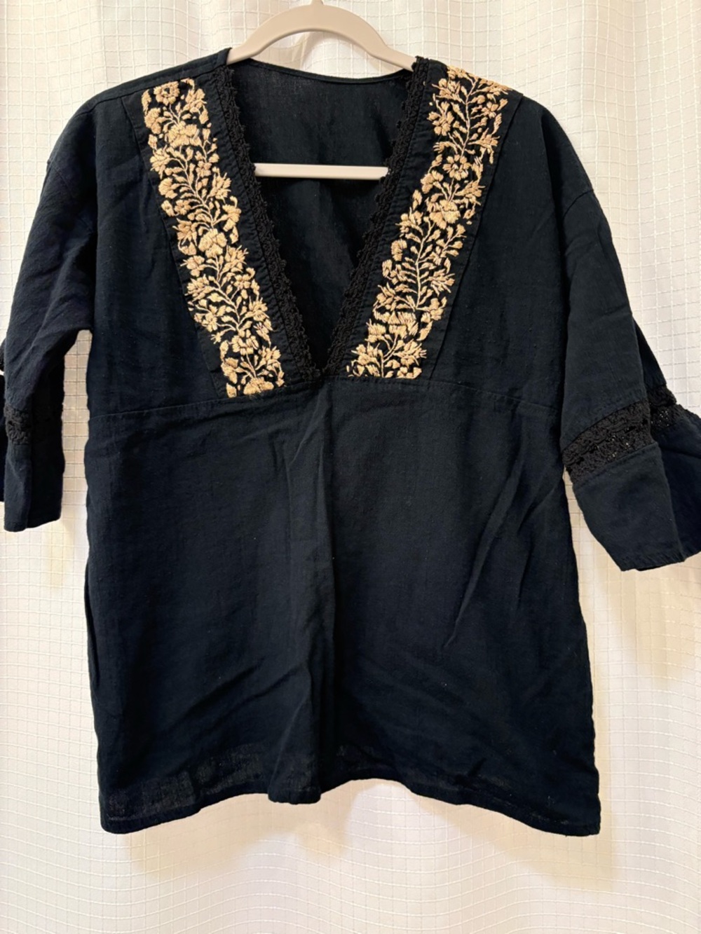 Black V-Neck Tunic with Gold Floral Embroidery